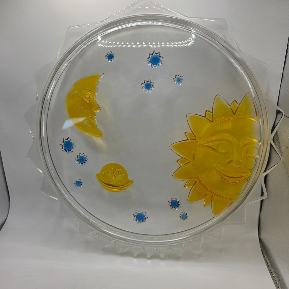Vintage Painted Celestial Glass Serving Platter Sun Moon Stars 12.5 Inch